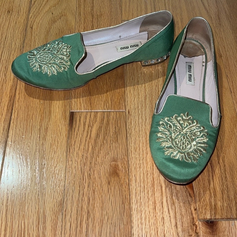 Geeen and gold studded heel smoking slippers size 37.5